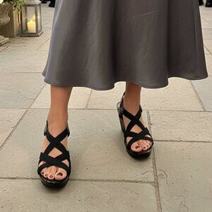 Lauren Ralph Lauren Black Patent Stretch Strappy Wedge Sandals Womens Size 9